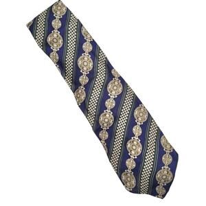 Bullock's Men's Navy Blue Gold Medallion Geometric Wide Necktie Vintage Preppy
